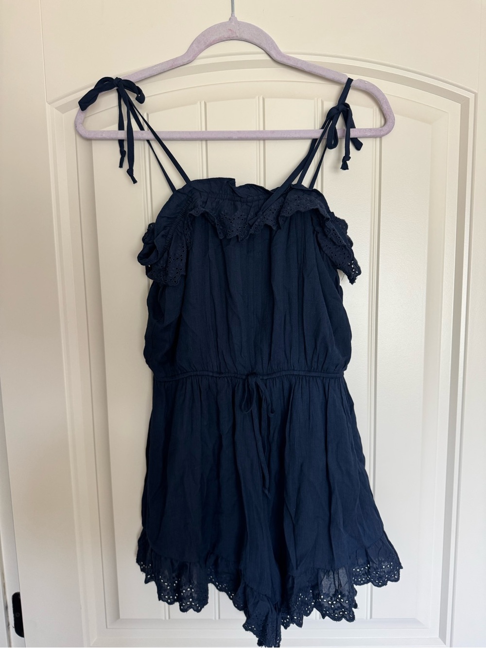 Francesca's Collections Navy Blue Eyelet Romper with Tie Straps
